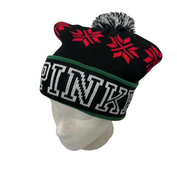 Victorias Secret PINK Beanie Hat Winter Cap Black Red Snowflakes Knit - Picture 1 of 10